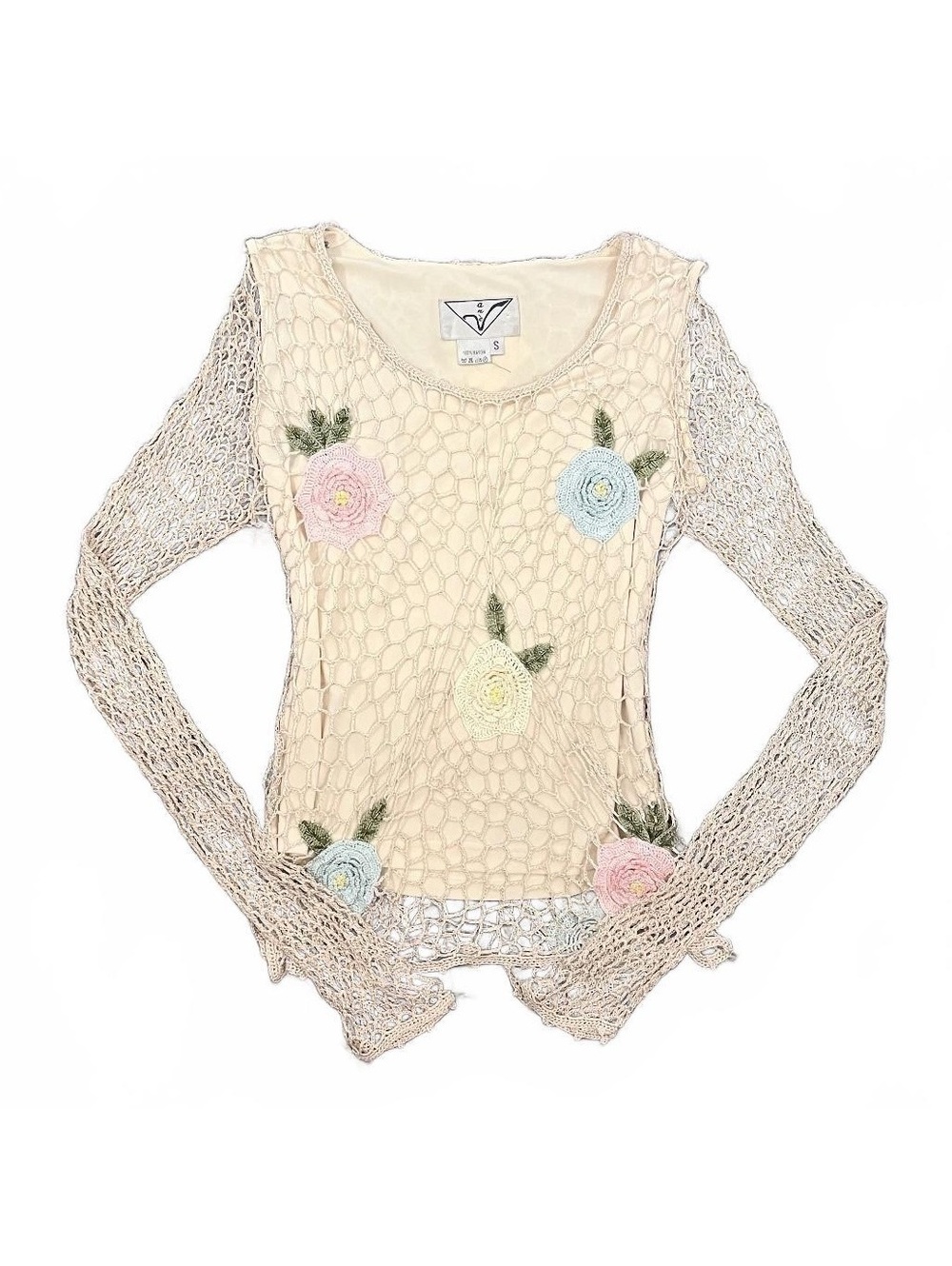 Y2K Fairycore Open Crochet Flower Embellished Beaded Blouse Whimsy 2000’s